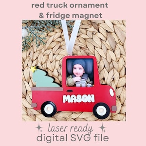 SVG Red Truck Ornament | Red Truck Photo Magnet | Christmas Fridge Magnet | Ornament| Laser SVG File | Christmas File |Photo Magnet File