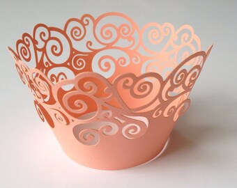 12 pcs Beautiful Peach Coral Swirl Lace Wedding Filigree Cupcake Liners Liner Baking Cup Cupcake Wrapper Wrappers