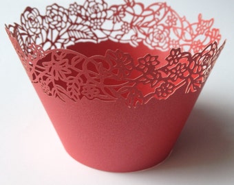 12 pcs Beautiful Red Rose Petite Fleurs Small Flowers Roses Wedding Filigree Cupcake Liners Liner Baking Cup Cupcake Wrapper Wrappers