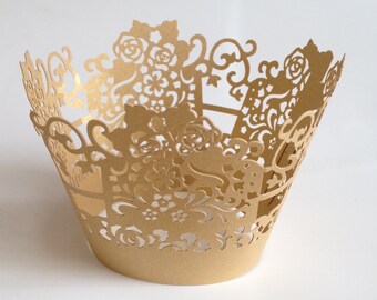 12 pcs Beautiful Gold Rose Lace Wedding Filigree Cupcake Liners Liner Baking Cup Cupcake Wrapper Wrappers
