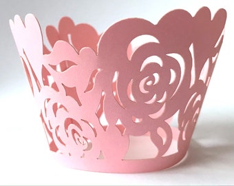 12 pcs Beautiful Pink Roses & Hearts Wedding Filigree Cupcake Liners Liner Baking Cup Cupcake Wrapper Wrappers