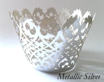 12 pcs Beautiful Metallic Shiny Silver Lace damask Wedding Filigree Cupcake Liners Baking Cup Cupcake Wrapper Wrappers Silver Cupcake Wr