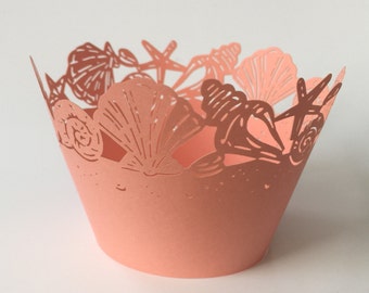 12 pcs Beautiful Peach Coral Seashells Wedding Filigree Cupcake Liners Liner Baking Cup Cupcake Wrapper Wrappers Shell Seashell