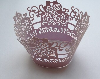 12 pcs Beautiful Lavender Rose Box Lace Wedding Filigree Cupcake Liners Liner Baking Cup purple party Cupcake Wrapper Wrappers