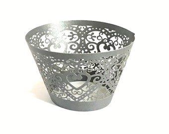 12 pcs Beautiful Gray Heart Lace Wedding Filigree Cupcake Liners Liner Baking Cup Cupcake Wrapper Wrappers