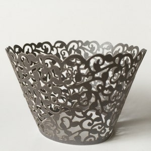 12 pcs MINI (Small) Beautiful Dark Gray Lace Wedding Filigree Cupcake Liners Liner Baking Cup Cupcake Wrapper Wrappers