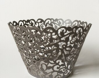 12 pcs MINI (Small) Beautiful Dark Gray Lace Wedding Filigree Cupcake Liners Liner Baking Cup Cupcake Wrapper Wrappers