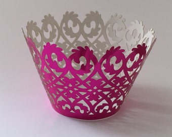 Beautiful Metallic Shiny Fuchsia Pink Damask Lace Wedding Filigree Cupcake Liners Liner Baking Cups Pink Cupcake Wrappers
