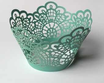 12 pcs Beautiful Turquoise Green Crochet Lace Wedding Filigree Cupcake Liners Liner Baking Cup Cupcake Wrapper Wrappers crochet doily