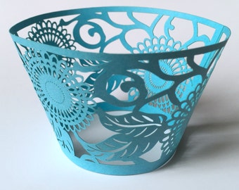 12 pcs Beautiful Blue Turquoise Flower Leaves Lace Wedding Cupcake Liners Baking Cup Cupcake Wrapper Wrappers Cups Mehndi