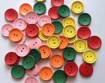 New 50 pcs  30mm 1 1/8" Colorful Wooden Children Buttons Sewing Button two holes fabric craft fasteners Round Green Orange Yellow Red