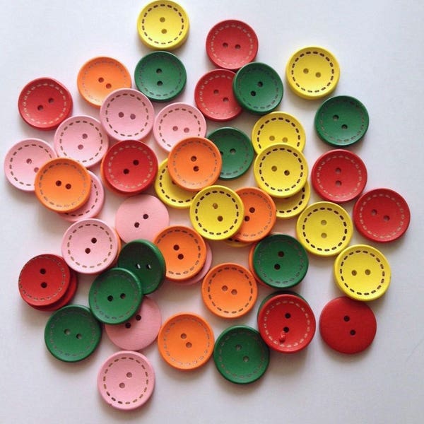 New 50 pcs  30mm 1 1/8" Colorful Wooden Children Buttons Sewing Button two holes fabric craft fasteners Round Green Orange Yellow Red