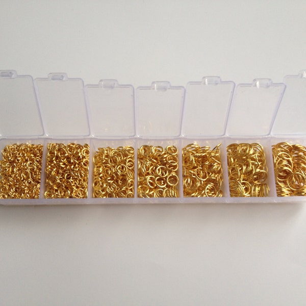 Assorted Sizes 1780 pcs Gold Plated Cut Open Jump Rings 3mm 4mm 5mm 6mm 7mm 8mm Plastic Case Box Jewelry Making Supplies Crafts