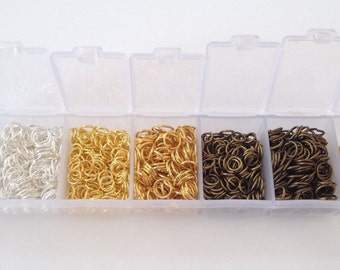 Assorted 1200 pcs 5mm & 6mm Gold Silver Bronze Silver Plated Cut Open Jump Rings Plastic Case Box Jewelry Making Supplies Crafts tools case