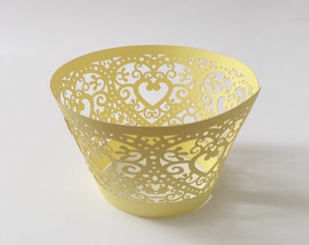 12 pcs Beautiful Yellow Heart Lace Wedding Filigree Cupcake Liners Liner Baking Cup Cupcake Wrapper Wrappers