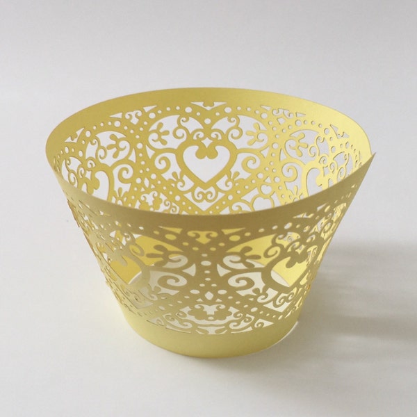 12 pcs Beautiful Yellow Heart Lace Wedding Filigree Cupcake Liners Liner Baking Cup Cupcake Wrapper Wrappers