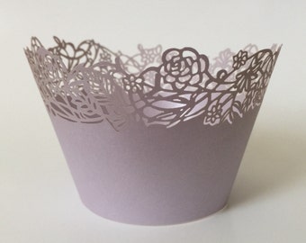 12 pcs Beautiful Lavender Rose Petite Fleurs Small Flowers Roses Wedding Filigree Cupcake Liners Liner Baking Cup Cupcake Wrapper Wrappers