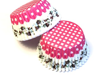 50 pcs Pink Gingham Flowers Floral Liners wedding tea party beautiful colorful blue pink red cupcake liners baking cups picnic