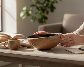 Immediate Shipment Handmade Original Large Pottery Rustic Simple Bowl Speckled Brown Black Ceramic bowl, handmade bowl  Design #Le Simple