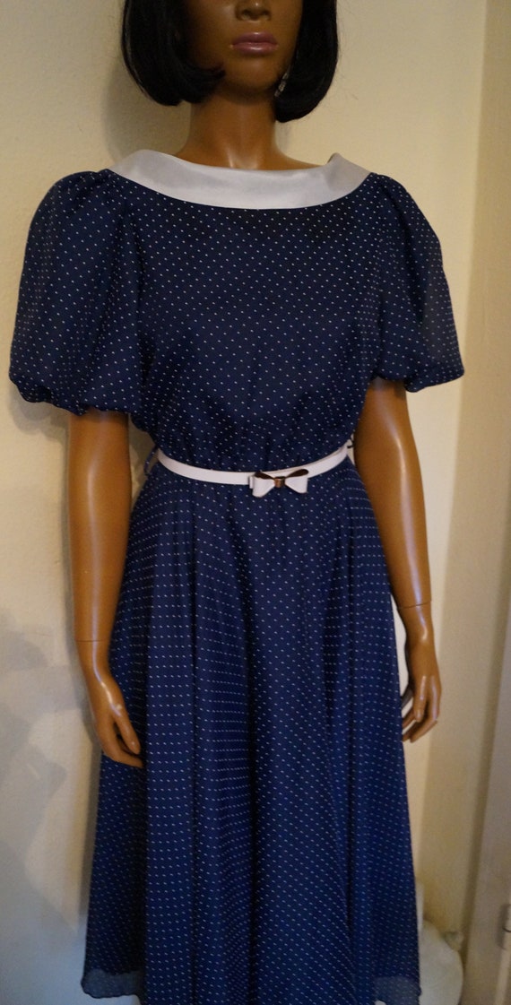 50's 60's Polka Dots Navy Dress Peter Pan Collar D