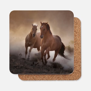 Strength- Two Horses Galloping together Photo Coaster for your table, desk or bar