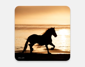 Silhouette Horse on the beach at Sunset; Horse art on a drink coaster