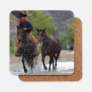 Cowboy ponies Horses in Arizona Riverbed:  Photo Coaster for your table, desk or bar
