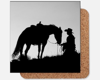 Silhouette Cowgirl and Horse; western art on a drink coaster