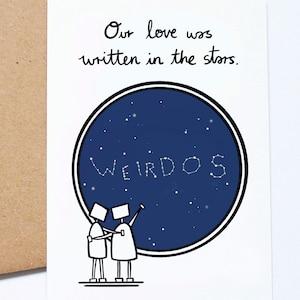 Tarjeta de aniversario divertida, tarjeta de amor romántica, tarjeta de boda, escrito en las estrellas, observación de estrellas, pareja extraña imagen 1