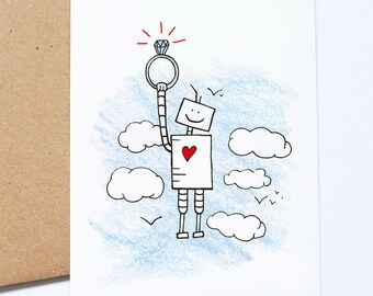 Cute Engagement Card, Congrats Engagement, Unisex Card, Ring On It, Blank Card, Cute Robot Greeting, LGBT Engagement, Gay Wedding