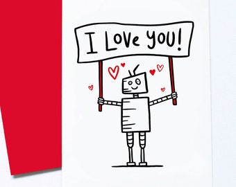 Robot Je t'aime, jolie carte d'amour romantique, carte d'anniversaire de robot, couple de geeks, carte de petite amie, amour de la Saint-Valentin, carte de couple original