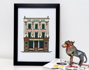 The Crown Bar, Belfast Pub, Northern Ireland, City Art, Illustrated Print