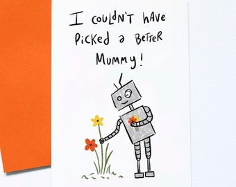 Cute Robot Mother's Day Card, From Kid, Spring Flowers, For Mummy, For Granny, For Nana, Custom Name