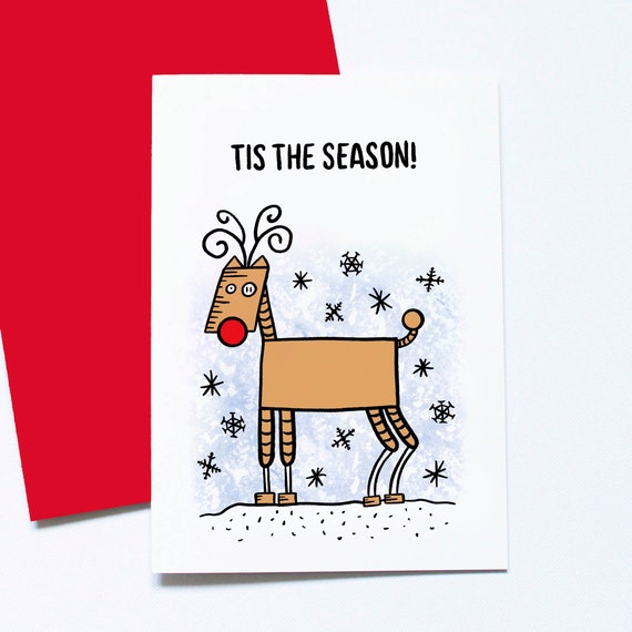 Reindeer Christmas Card, Robot Xmas Card, Cute Greeting Card, Geek Holiday Card, Quirky Illustrated Card, Tis The Season