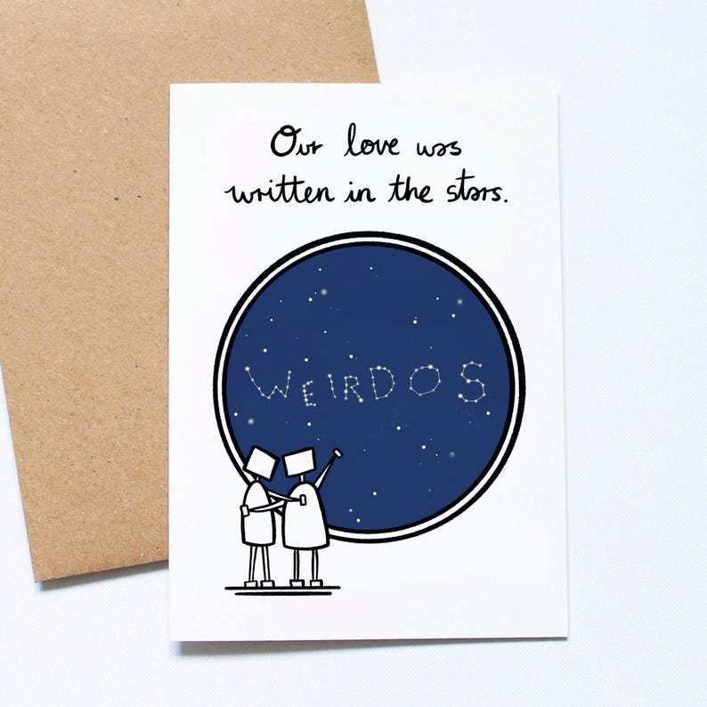 Tarjeta de aniversario divertida, tarjeta de amor romántica, tarjeta de boda, escrito en las estrellas, observación de estrellas, pareja extraña imagen 1