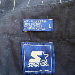 Pu&ograve; includere: Primo piano di una camicia blu navy con sottili righe bianche. La camicia ha due etichette: una con il logo Starter e un'altra con la scritta "65% Polyester 35% Cotton RN NO 67879 MADE IN KOREA" e la taglia "L".