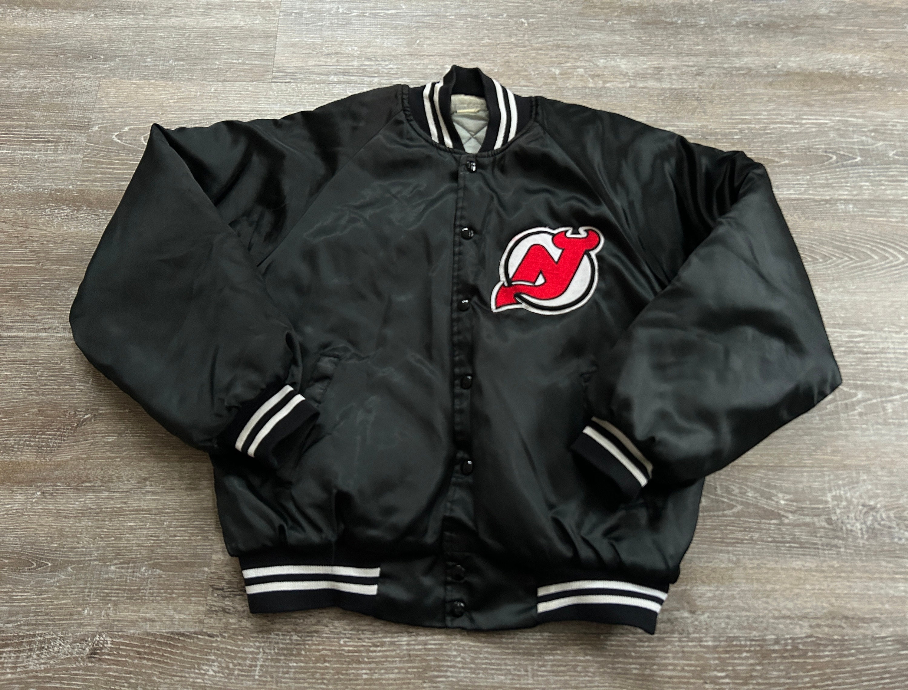 New Jersey Devils Satin Jacket NJ Black 80s Quilt Lined NHL Hockey 