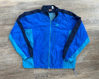 Jaqueta corta-vento Nike anos 90 VTG com zíper completo, logotipo Swoosh, bloco de cores, cinza, etiqueta GG