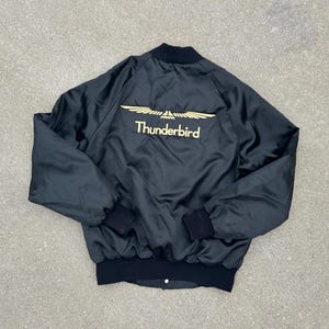 VTG 90s FORD Thunderbird Satin Bomber Jacket Embroidered West ArK USA Racing
