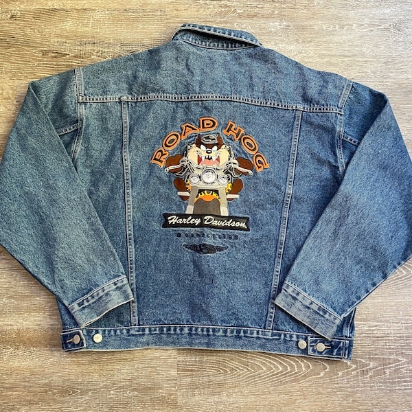 VTG 2000 Harley Davidson Trucker Denim Jean Jacket TAZ Looney Tunes Road Hog