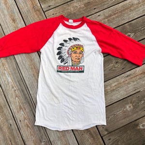 Vtg 80s Red Man Tobacco Ringer T Shirt 3/4 Sleeve Baseball Logo Chewing  Artex USA