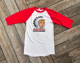Vtg 80s Red Man Tobacco Ringer T Shirt 3/4 Sleeve Baseball Logo Chewing Artex USA