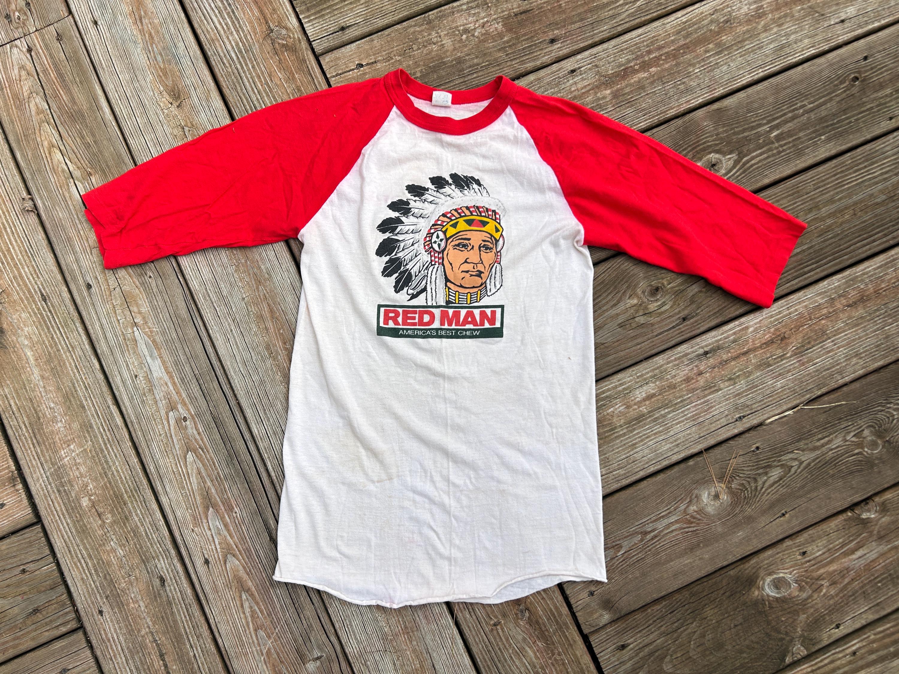 redman tobacco t shirt Vintage Mens Red Man Chewing Indian Chief 3/4 Sleeve 80s Sz L USA country style Be a Vibe Brick Red