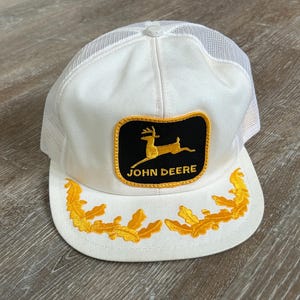Vtg 80s John Deere Trucker Hat K-Products Mesh Snapback Scrambled Eggs White USA