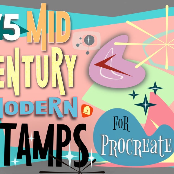 Mid Century Procreate Stamp Brush Set, MCM Elements Pack, Digital Download, 50’s Atomic Illustration, Retro Clip Art, Mod Shapes, Palette
