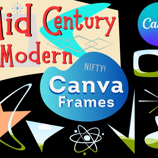 Mid Century  Canva Frame Set, MCM Shape Pack, Digital Download, Retro Illustration, Fifties Design, Mod Clip Art, 1950’s Modern, Boomerang