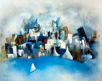 Abstract Chicago print | blue  cityscape wall art | skyline decor