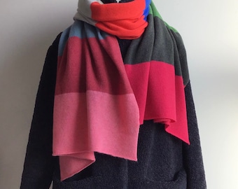 May include: A colorful striped scarf with red, pink, green, blue, and white stripes. The scarf is draped over a black jacket.