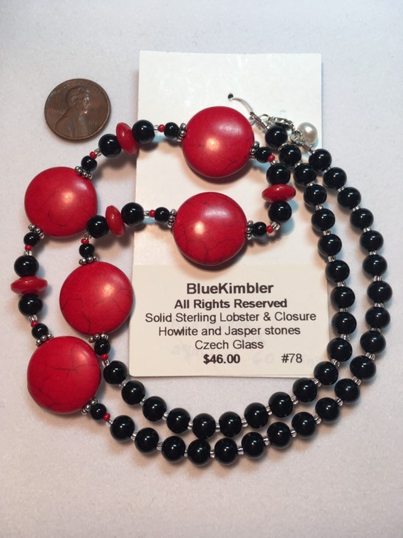 Handmade Red Howlite and Black Jasper Stones Czech Glass Beads Silver Daisies Solid Sterling Silver Lobster /& Closure Beaded Necklace