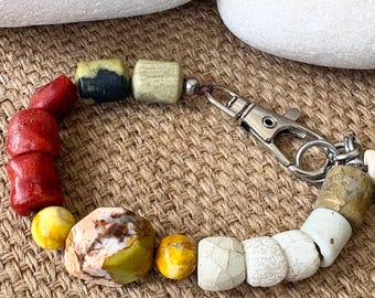 Desert Jasper Venetian Trade Beads Bracelet, Red Coral, Jade, Czech Glass Bird Charm
